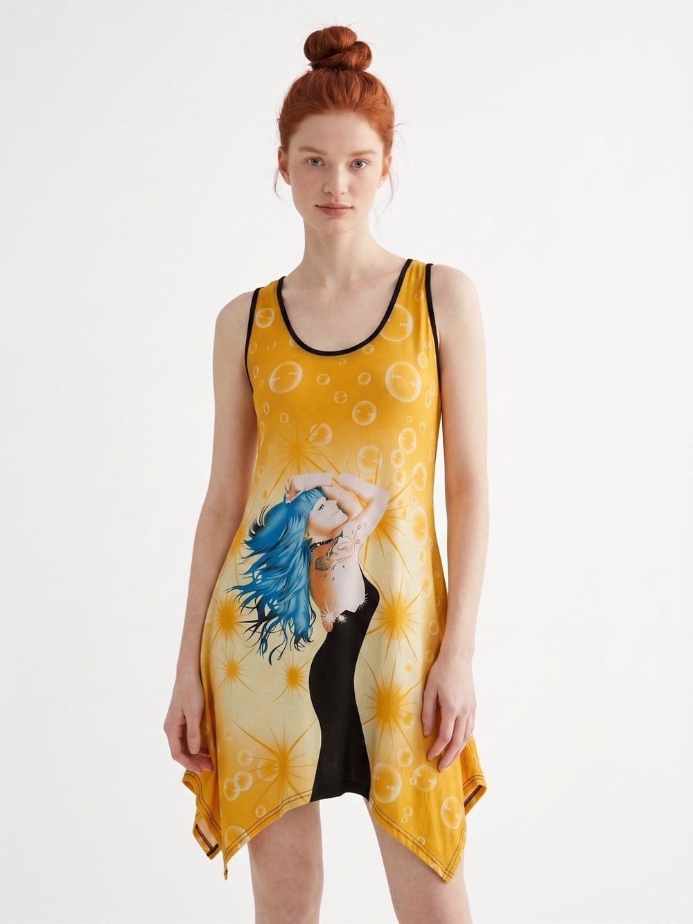 Fairycore Y2K style Yellow Graphic Asymmetrical Tank Dress. Lace back. Rave. S